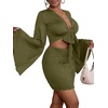 image:imageLYANER Women 2 Piece Vacation Outfits Tie Knot Front Bell Long Sleeve Crop Top and Mini Skirt Summer SetArmy Green