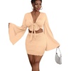 image:imageLYANER Women 2 Piece Vacation Outfits Tie Knot Front Bell Long Sleeve Crop Top and Mini Skirt Summer SetBeige