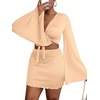 image:imageLYANER Women 2 Piece Vacation Outfits Tie Knot Front Bell Long Sleeve Crop Top and Mini Skirt Summer SetBeige