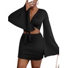 image:imageLYANER Women 2 Piece Vacation Outfits Tie Knot Front Bell Long Sleeve Crop Top and Mini Skirt Summer SetBlack