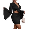 image:imageLYANER Women 2 Piece Vacation Outfits Tie Knot Front Bell Long Sleeve Crop Top and Mini Skirt Summer SetBlack