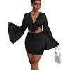 image:imageLYANER Women 2 Piece Vacation Outfits Tie Knot Front Bell Long Sleeve Crop Top and Mini Skirt Summer SetBlack