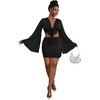 image:imageLYANER Women 2 Piece Vacation Outfits Tie Knot Front Bell Long Sleeve Crop Top and Mini Skirt Summer SetBlack
