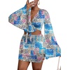 image:imageLYANER Women 2 Piece Vacation Outfits Tie Knot Front Bell Long Sleeve Crop Top and Mini Skirt Summer SetBlue