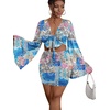 image:imageLYANER Women 2 Piece Vacation Outfits Tie Knot Front Bell Long Sleeve Crop Top and Mini Skirt Summer SetBlue