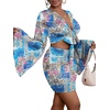 image:imageLYANER Women 2 Piece Vacation Outfits Tie Knot Front Bell Long Sleeve Crop Top and Mini Skirt Summer SetBlue