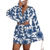 image:imageLYANER Women 2 Piece Vacation Outfits Tie Knot Front Bell Long Sleeve Crop Top and Mini Skirt Summer SetBlue Print