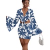 image:imageLYANER Women 2 Piece Vacation Outfits Tie Knot Front Bell Long Sleeve Crop Top and Mini Skirt Summer SetBlue Print