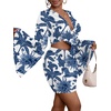image:imageLYANER Women 2 Piece Vacation Outfits Tie Knot Front Bell Long Sleeve Crop Top and Mini Skirt Summer SetBlue Print
