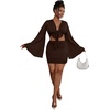 image:imageLYANER Women 2 Piece Vacation Outfits Tie Knot Front Bell Long Sleeve Crop Top and Mini Skirt Summer SetDark Brown