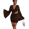 image:imageLYANER Women 2 Piece Vacation Outfits Tie Knot Front Bell Long Sleeve Crop Top and Mini Skirt Summer SetDark Brown