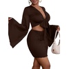 image:imageLYANER Women 2 Piece Vacation Outfits Tie Knot Front Bell Long Sleeve Crop Top and Mini Skirt Summer SetDark Brown