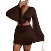 image:imageLYANER Women 2 Piece Vacation Outfits Tie Knot Front Bell Long Sleeve Crop Top and Mini Skirt Summer SetDark Brown