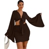 image:imageLYANER Women 2 Piece Vacation Outfits Tie Knot Front Bell Long Sleeve Crop Top and Mini Skirt Summer SetDark Brown