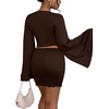 image:imageLYANER Women 2 Piece Vacation Outfits Tie Knot Front Bell Long Sleeve Crop Top and Mini Skirt Summer SetDark Brown