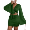 image:imageLYANER Women 2 Piece Vacation Outfits Tie Knot Front Bell Long Sleeve Crop Top and Mini Skirt Summer SetDark Green