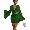 image:imageLYANER Women 2 Piece Vacation Outfits Tie Knot Front Bell Long Sleeve Crop Top and Mini Skirt Summer SetDark Green
