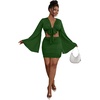 image:imageLYANER Women 2 Piece Vacation Outfits Tie Knot Front Bell Long Sleeve Crop Top and Mini Skirt Summer SetDark Green