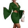 image:imageLYANER Women 2 Piece Vacation Outfits Tie Knot Front Bell Long Sleeve Crop Top and Mini Skirt Summer SetDark Green