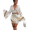 image:imageLYANER Women 2 Piece Vacation Outfits Tie Knot Front Bell Long Sleeve Crop Top and Mini Skirt Summer SetDark Khaki Print