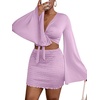 image:imageLYANER Women 2 Piece Vacation Outfits Tie Knot Front Bell Long Sleeve Crop Top and Mini Skirt Summer SetLight Purple