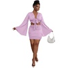 image:imageLYANER Women 2 Piece Vacation Outfits Tie Knot Front Bell Long Sleeve Crop Top and Mini Skirt Summer SetLight Purple