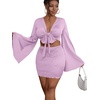 image:imageLYANER Women 2 Piece Vacation Outfits Tie Knot Front Bell Long Sleeve Crop Top and Mini Skirt Summer SetLight Purple