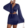 image:imageLYANER Women 2 Piece Vacation Outfits Tie Knot Front Bell Long Sleeve Crop Top and Mini Skirt Summer SetNavy Blue