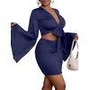 image:imageLYANER Women 2 Piece Vacation Outfits Tie Knot Front Bell Long Sleeve Crop Top and Mini Skirt Summer SetNavy Blue