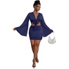 image:imageLYANER Women 2 Piece Vacation Outfits Tie Knot Front Bell Long Sleeve Crop Top and Mini Skirt Summer SetNavy Blue