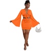 image:imageLYANER Women 2 Piece Vacation Outfits Tie Knot Front Bell Long Sleeve Crop Top and Mini Skirt Summer SetOrange