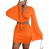 image:imageLYANER Women 2 Piece Vacation Outfits Tie Knot Front Bell Long Sleeve Crop Top and Mini Skirt Summer SetOrange