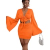 image:imageLYANER Women 2 Piece Vacation Outfits Tie Knot Front Bell Long Sleeve Crop Top and Mini Skirt Summer SetOrange
