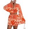 image:imageLYANER Women 2 Piece Vacation Outfits Tie Knot Front Bell Long Sleeve Crop Top and Mini Skirt Summer SetOrange Print