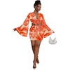 image:imageLYANER Women 2 Piece Vacation Outfits Tie Knot Front Bell Long Sleeve Crop Top and Mini Skirt Summer SetOrange Print