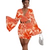 image:imageLYANER Women 2 Piece Vacation Outfits Tie Knot Front Bell Long Sleeve Crop Top and Mini Skirt Summer SetOrange Print