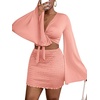 image:imageLYANER Women 2 Piece Vacation Outfits Tie Knot Front Bell Long Sleeve Crop Top and Mini Skirt Summer SetPink