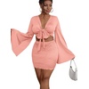 image:imageLYANER Women 2 Piece Vacation Outfits Tie Knot Front Bell Long Sleeve Crop Top and Mini Skirt Summer SetPink