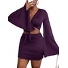 image:imageLYANER Women 2 Piece Vacation Outfits Tie Knot Front Bell Long Sleeve Crop Top and Mini Skirt Summer SetPurple