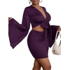 image:imageLYANER Women 2 Piece Vacation Outfits Tie Knot Front Bell Long Sleeve Crop Top and Mini Skirt Summer SetPurple