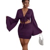 image:imageLYANER Women 2 Piece Vacation Outfits Tie Knot Front Bell Long Sleeve Crop Top and Mini Skirt Summer SetPurple