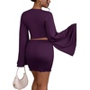 image:imageLYANER Women 2 Piece Vacation Outfits Tie Knot Front Bell Long Sleeve Crop Top and Mini Skirt Summer SetPurple