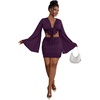 image:imageLYANER Women 2 Piece Vacation Outfits Tie Knot Front Bell Long Sleeve Crop Top and Mini Skirt Summer SetPurple