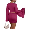 image:imageLYANER Women 2 Piece Vacation Outfits Tie Knot Front Bell Long Sleeve Crop Top and Mini Skirt Summer SetPurplish Red