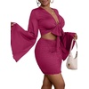 image:imageLYANER Women 2 Piece Vacation Outfits Tie Knot Front Bell Long Sleeve Crop Top and Mini Skirt Summer SetPurplish Red