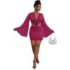 image:imageLYANER Women 2 Piece Vacation Outfits Tie Knot Front Bell Long Sleeve Crop Top and Mini Skirt Summer SetPurplish Red
