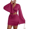 image:imageLYANER Women 2 Piece Vacation Outfits Tie Knot Front Bell Long Sleeve Crop Top and Mini Skirt Summer SetPurplish Red
