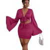 image:imageLYANER Women 2 Piece Vacation Outfits Tie Knot Front Bell Long Sleeve Crop Top and Mini Skirt Summer SetPurplish Red