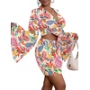 image:imageLYANER Women 2 Piece Vacation Outfits Tie Knot Front Bell Long Sleeve Crop Top and Mini Skirt Summer SetRed Print