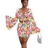 image:imageLYANER Women 2 Piece Vacation Outfits Tie Knot Front Bell Long Sleeve Crop Top and Mini Skirt Summer SetRed Print